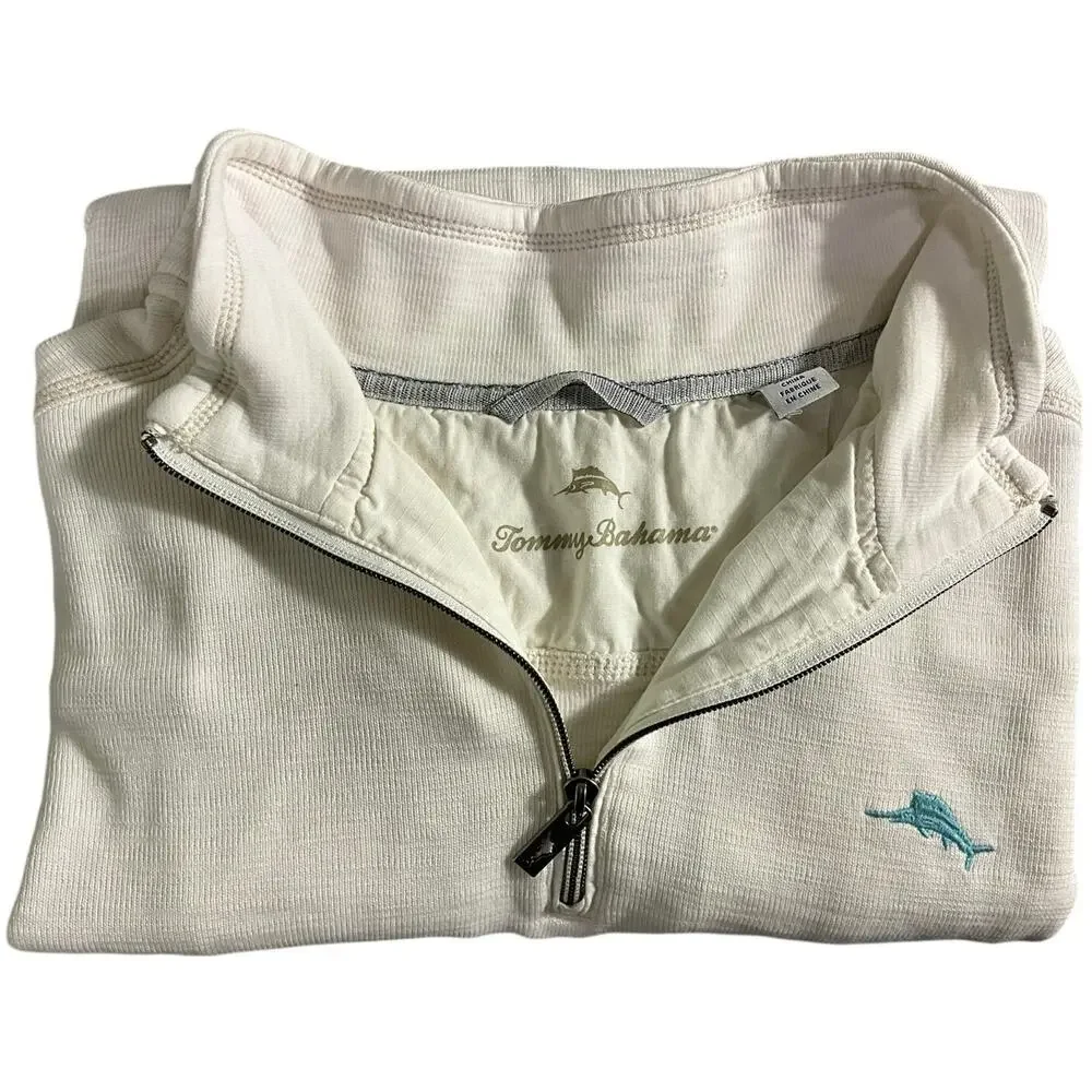 Tommy Bahama XXL 1/4 Zip Pullover Sweater Cream Color Teal Embroidery Logo
